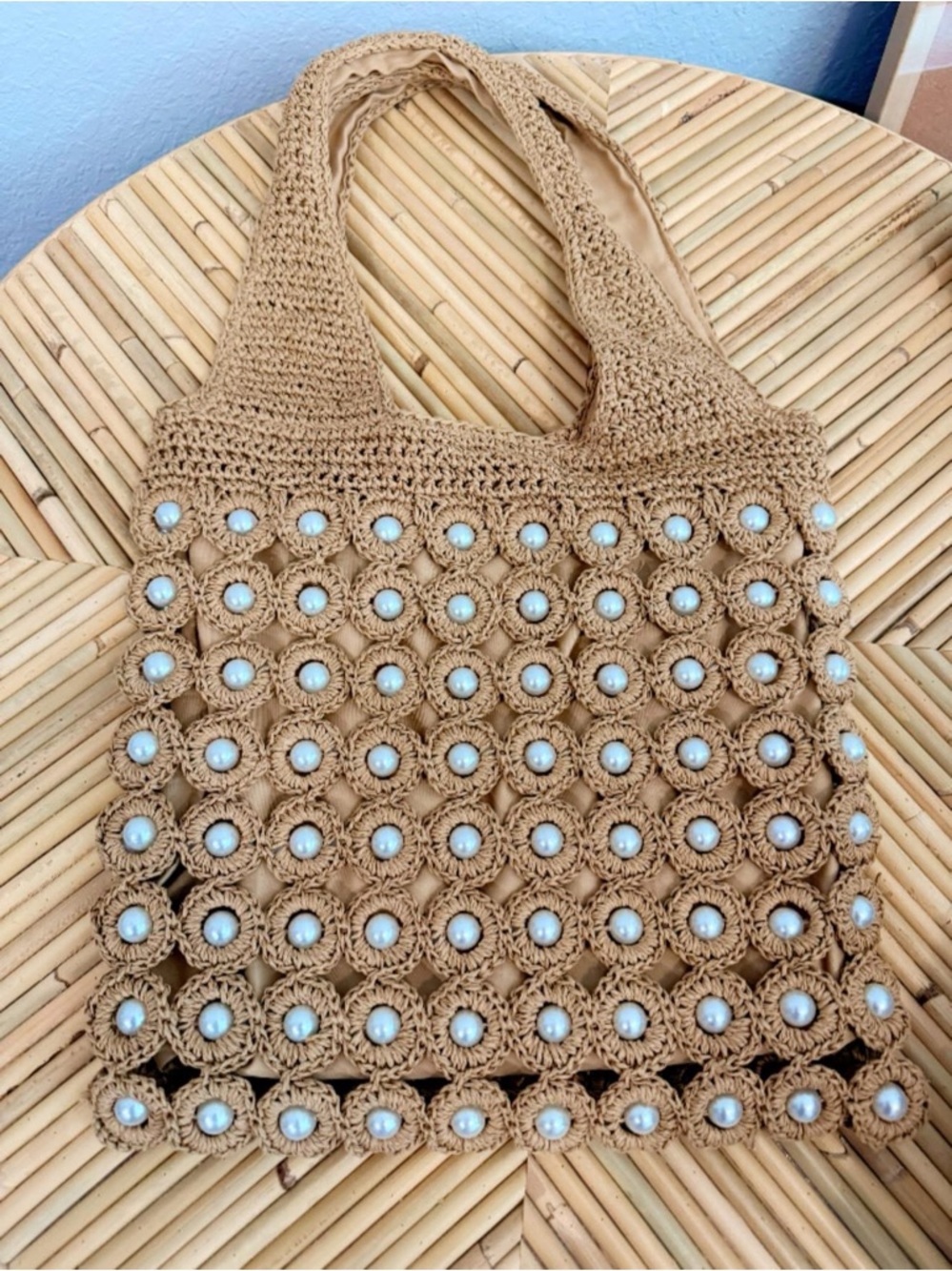 Haute Hippie Tan Crochet Tote with Pearl Accents
